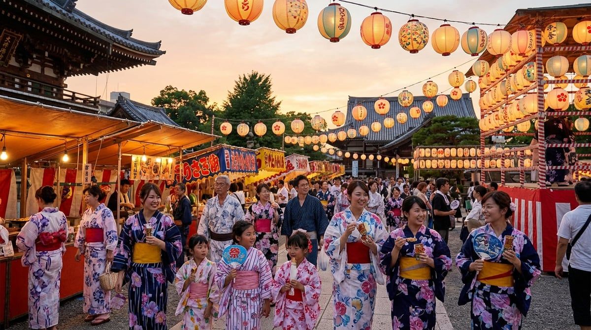 Visitors in yukata enjoying Japanese festival in Japan, friendly festival atmosphere, traditional lanterns, summer evening