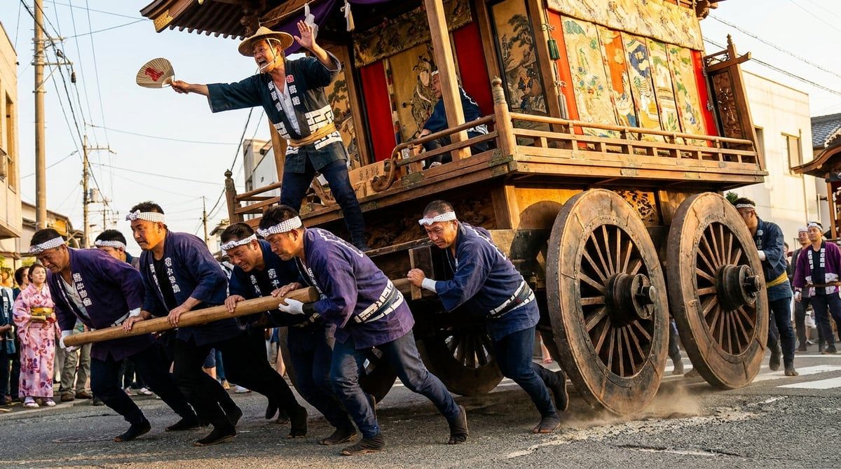 Close detail of a yarimawashi corner, daiku-gata mid-gesture on the roof, rear lever team leaning hard, wheels chattering on the tarmac