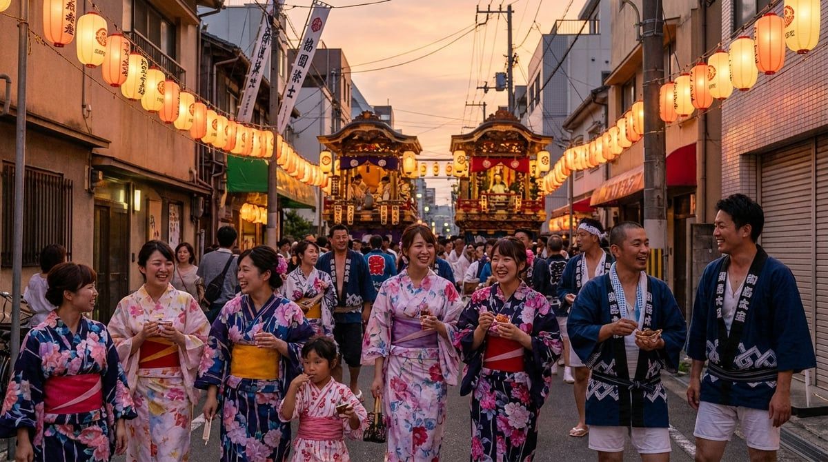 Visitors in yukata enjoying Hakata Gion Yamakasa in Fukuoka, friendly festival atmosphere, traditional lanterns, summer evening