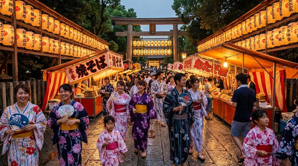 Visitors in yukata enjoying Japanese festival in Japan, friendly festival atmosphere, traditional lanterns, summer evening