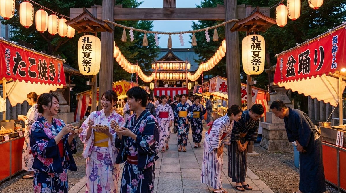 Visitors in yukata enjoying Japanese festival in Sapporo, friendly festival atmosphere, traditional lanterns, summer evening