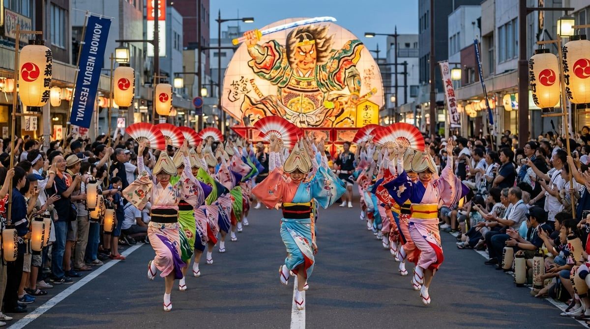 Dancers performing at Nebuta Matsuri in Aomori City, traditional costumes with vivid colors, energetic movement, crowd cheering