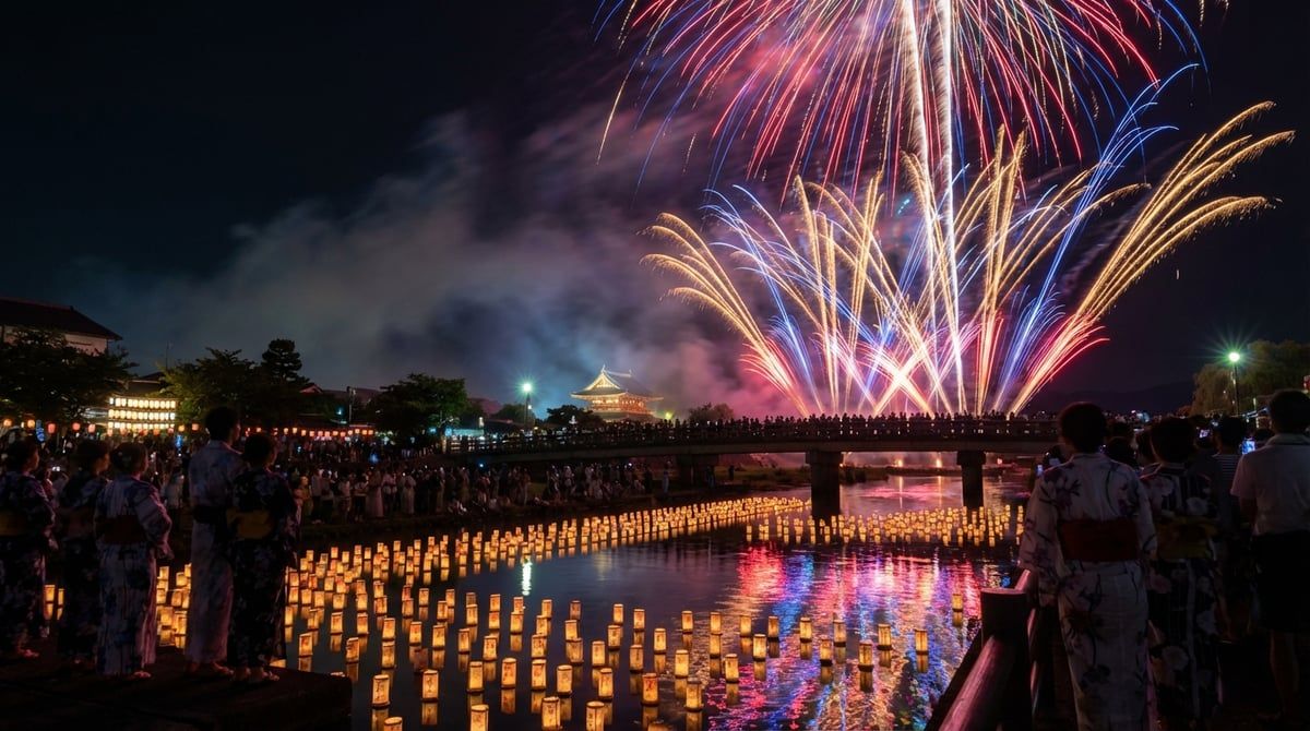 Fireworks display at Japanese festival over Japan, colorful explosions reflected in water, summer night sky, spectators in yukata