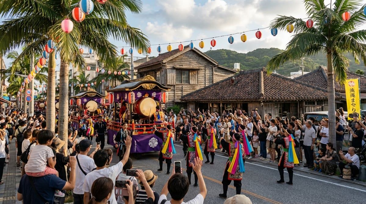 Eisa Festival parade with decorated floats moving through streets of Okinawa (various), excited crowds watching from sidewalks, festive atmosphere, vibrant colors