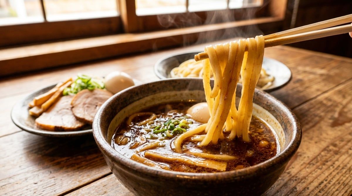Rich, creamy tsukemen dipping broth with thick noodles on the side