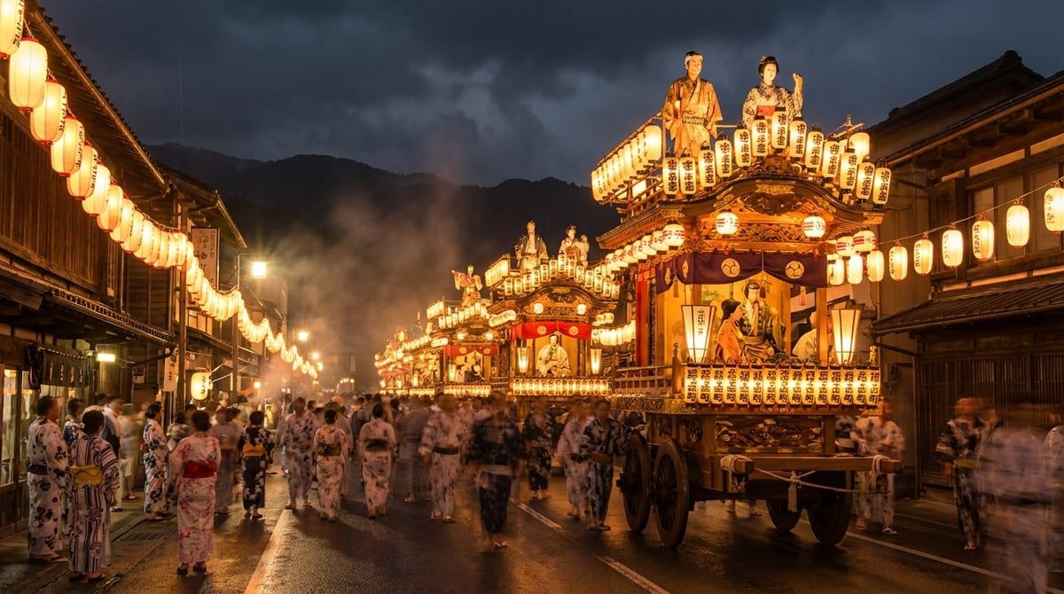Japanese festival at night in Japan, illuminated floats and paper lanterns casting warm glow, magical atmosphere, summer evening