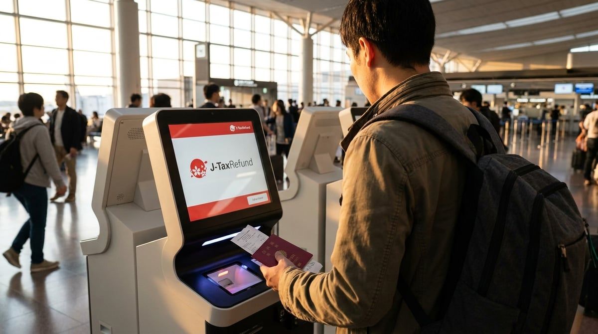 A traveler scanning a receipt and passport at a self-service tax refund kiosk at Kansai International Airport, with the "J-TaxRefund" branding visible