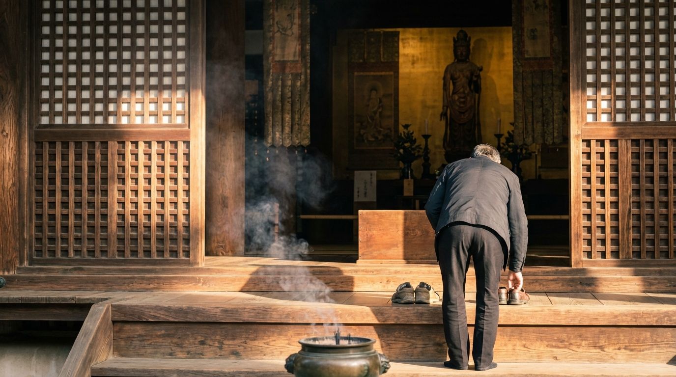 Visitor removing shoes at the entrance to the Kondo (Golden Hall), morning sunlight streaming through the wooden lattice screens, incense smoke drifting in shafts of light, the Kuse Kannon statue barely visible in the golden interior darkness