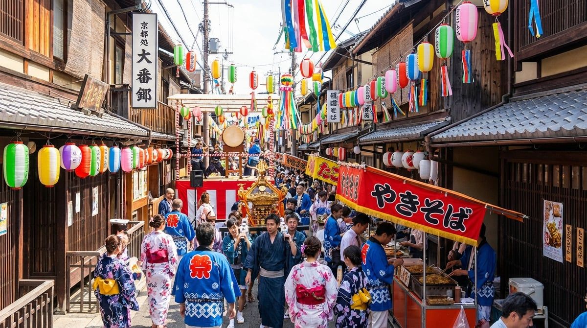 Vibrant Japanese festival scene in Japan, colorful festival decorations along traditional streets, bustling daytime atmosphere