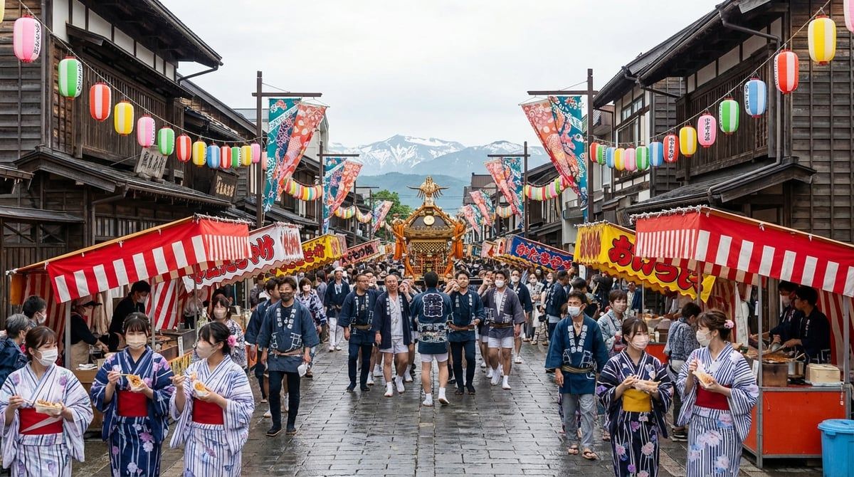 Vibrant Japanese festival scene in Hokkaido, colorful festival decorations along traditional streets, bustling daytime atmosphere