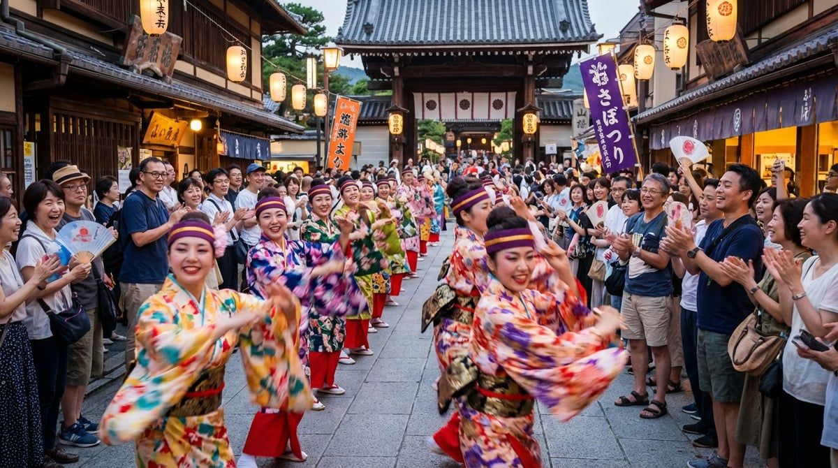 Dancers performing at Japanese festival in Japan, traditional costumes with vivid colors, energetic movement, crowd cheering