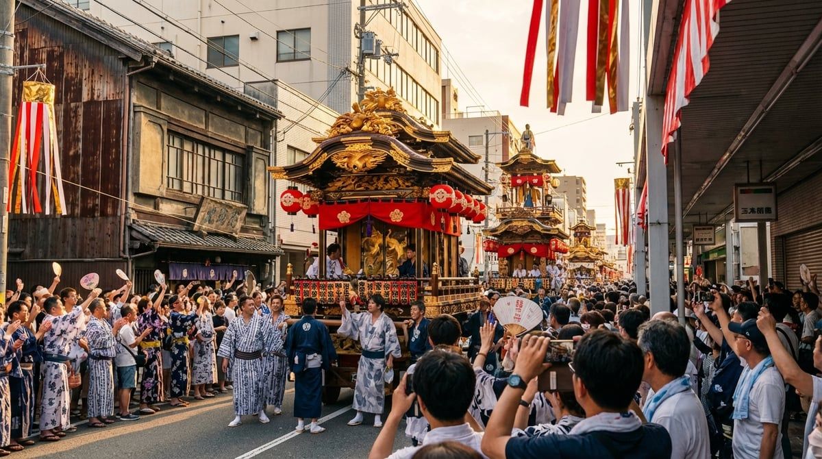 Tenjin Matsuri parade with decorated floats moving through streets of Osaka (Kita-ku), excited crowds watching from sidewalks, festive atmosphere, vibrant colors