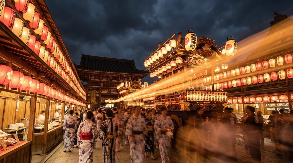 Japanese festival at night in Japan, illuminated floats and paper lanterns casting warm glow, magical atmosphere, summer evening