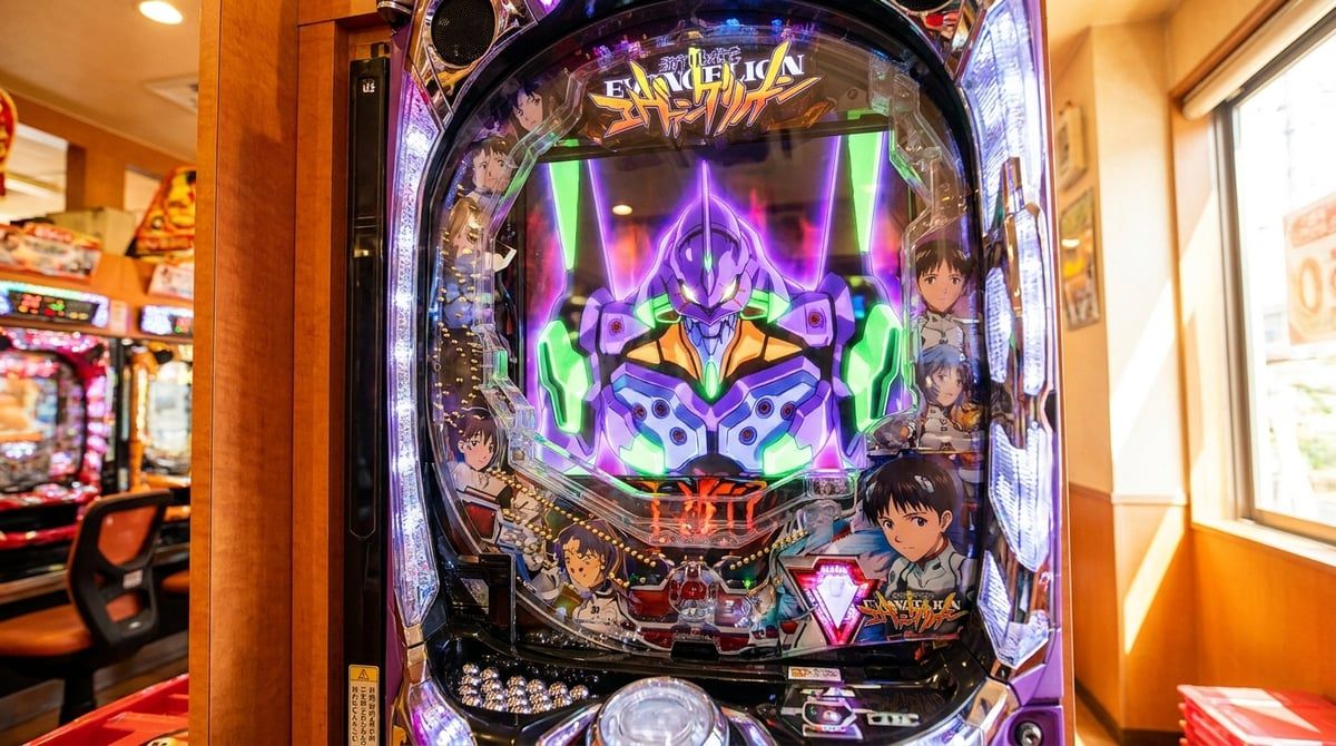 Pachinko cabinet showing Evangelion EVA-01 on the LCD screen, dramatic purple-and-green animation frame frozen mid-sequence. Captures the "anime machine" appeal for fans.