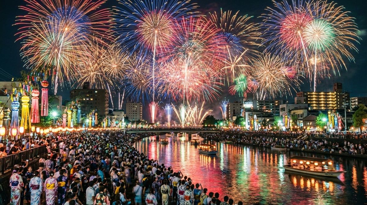 Fireworks display at Tanabata Festival (Sendai) over Sendai City, colorful explosions reflected in water, summer night sky, spectators in yukata
