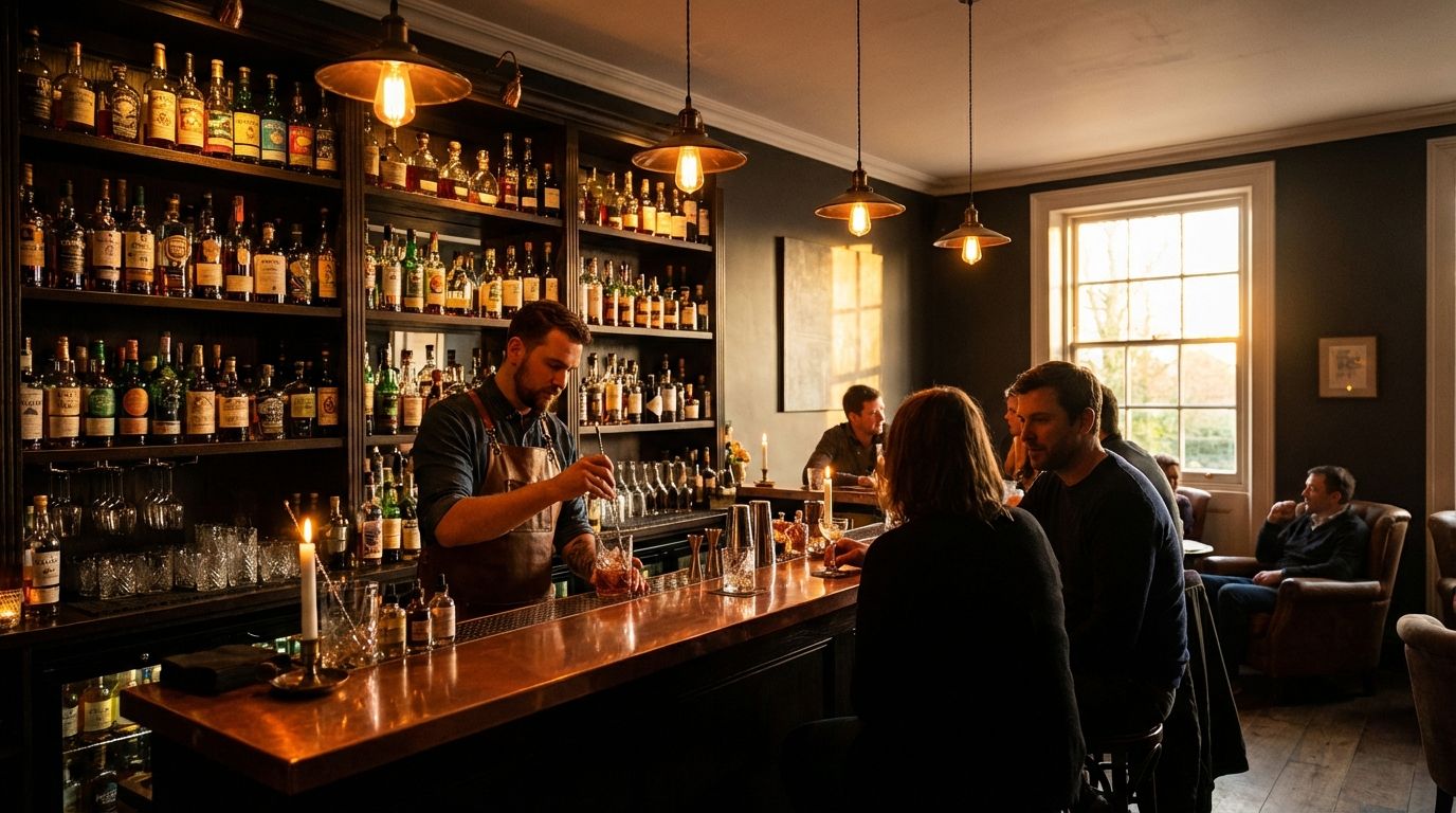 무디한 조명과 세심하게 배열된 병이 있는 크래프트 칵테일 바의 분위기 있는 샷