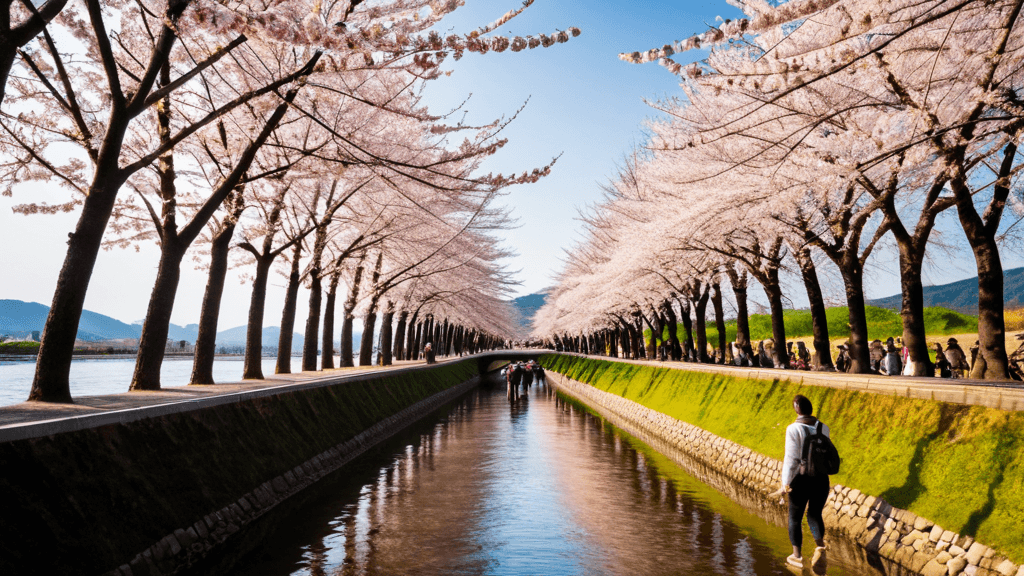 Tower of the Sun sculpture with cherry blossoms in foreground