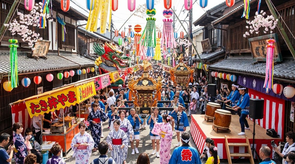 Vibrant Japanese festival scene in Japan, colorful festival decorations along traditional streets, bustling daytime atmosphere