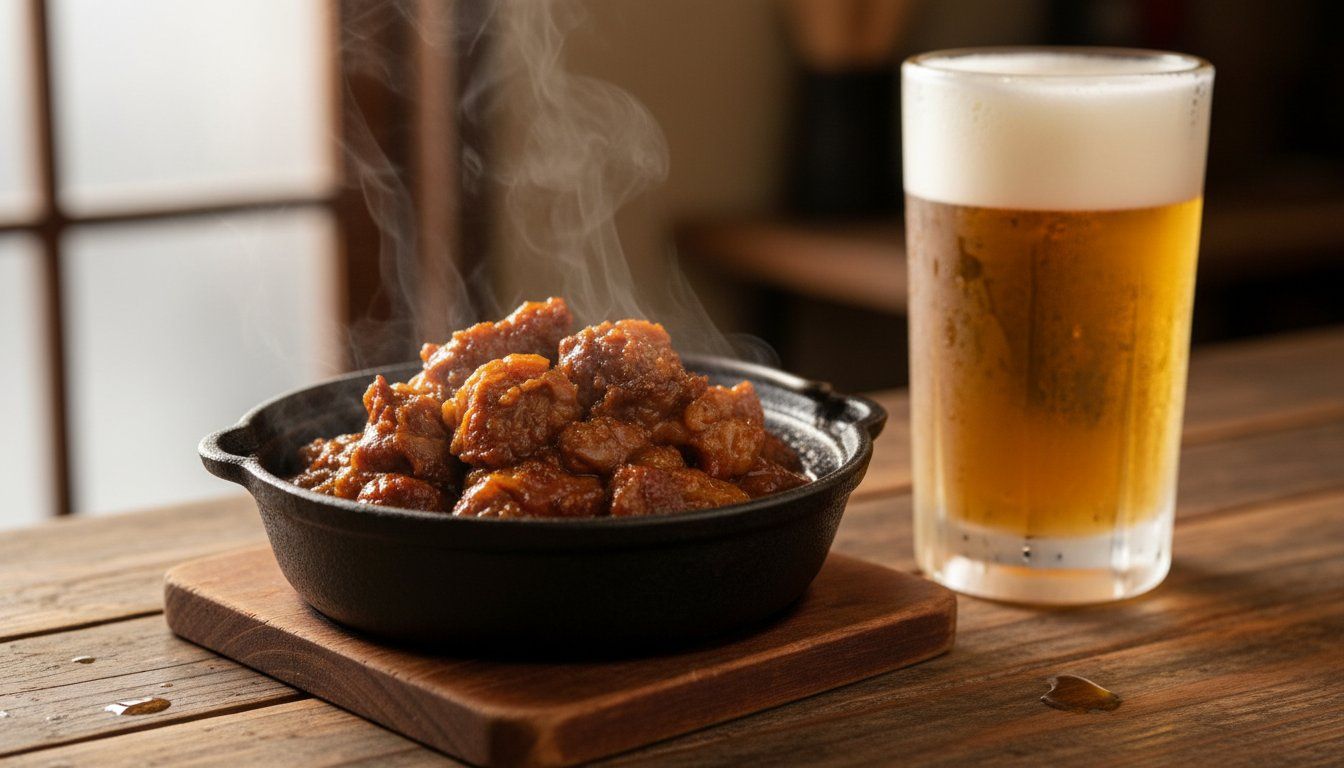 A small iron pot of doteyaki — dark, glossy miso-braised beef tendon chunks, rich and caramelized, steam rising, served on a wooden counter beside a glass of beer
