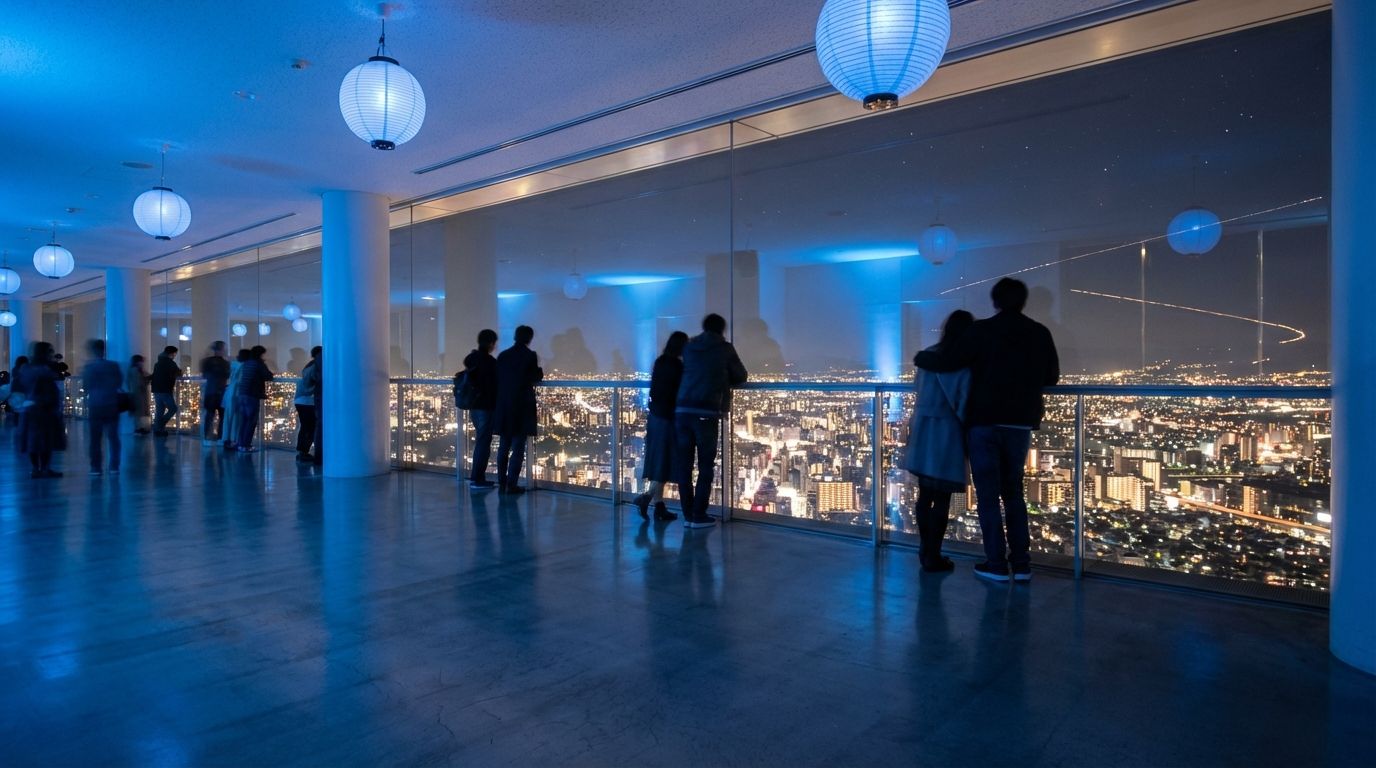 Interior of the Floating Garden Observatory at night with soft blue ambient lighting, visitors silhouetted as dark figures against floor-to-ceiling windows, the sparkling lights of Osaka spread out below like scattered diamonds in warm white and golden tones, a romantic atmosphere with intimate couples leaning against the railing at viewing spots, reflections of the city lights gleaming on the polished floor