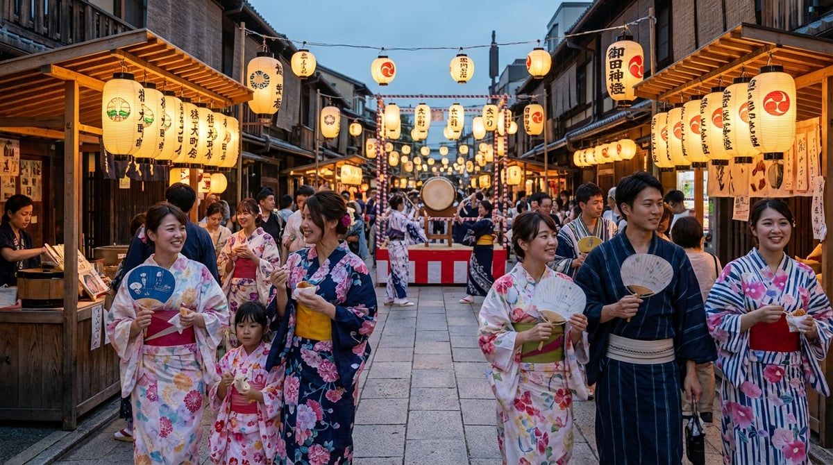 Visitors in yukata enjoying Japanese festival in Japan, friendly festival atmosphere, traditional lanterns, summer evening