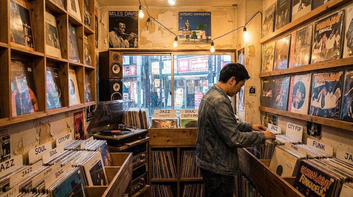 Interior of a cramped vinyl record shop in Amerikamura, wooden bins overflowing with records organized by genre, handwritten divider cards, a turntable playing in the corner, warm overhead lighting, posters of jazz and funk albums covering the walls, a customer flipping through a stack of city pop records