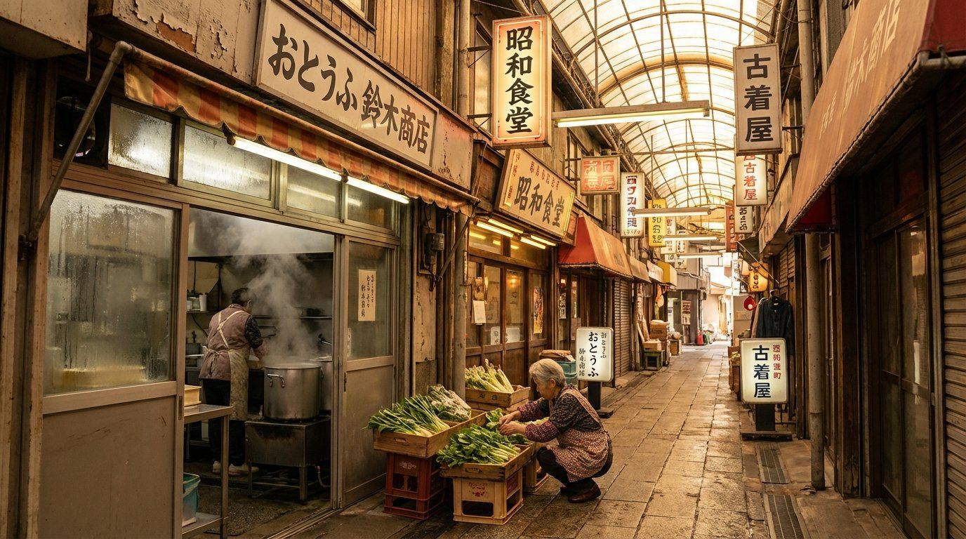 A narrow covered shopping arcade in Konohana with aging storefronts, a tofu shop with steam rising from the kitchen, an elderly shopkeeper arranging vegetables outside, retro signage in faded Japanese text, warm fluorescent lighting creating a nostalgic atmosphere
