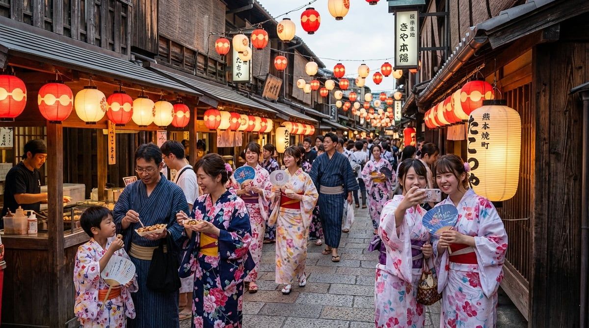 Visitors in yukata enjoying Japanese festival in Kyoto, friendly festival atmosphere, traditional lanterns, summer evening