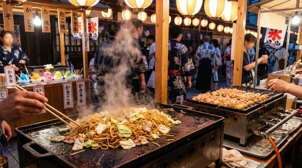 Festival food stalls at Japanese festival in Japan, yakisoba sizzling on griddle, takoyaki and kakigori, lantern-lit evening, steam rising