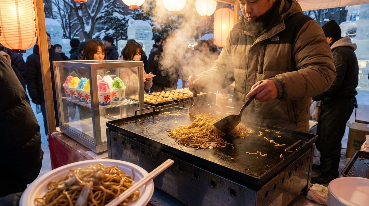 Festival food stalls at Sapporo Snow Festival in Sapporo, yakisoba sizzling on griddle, takoyaki and kakigori, lantern-lit evening, steam rising