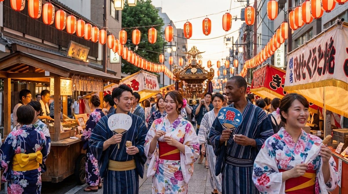 Visitors in yukata enjoying Japanese festival in Tokyo, friendly festival atmosphere, traditional lanterns, summer evening