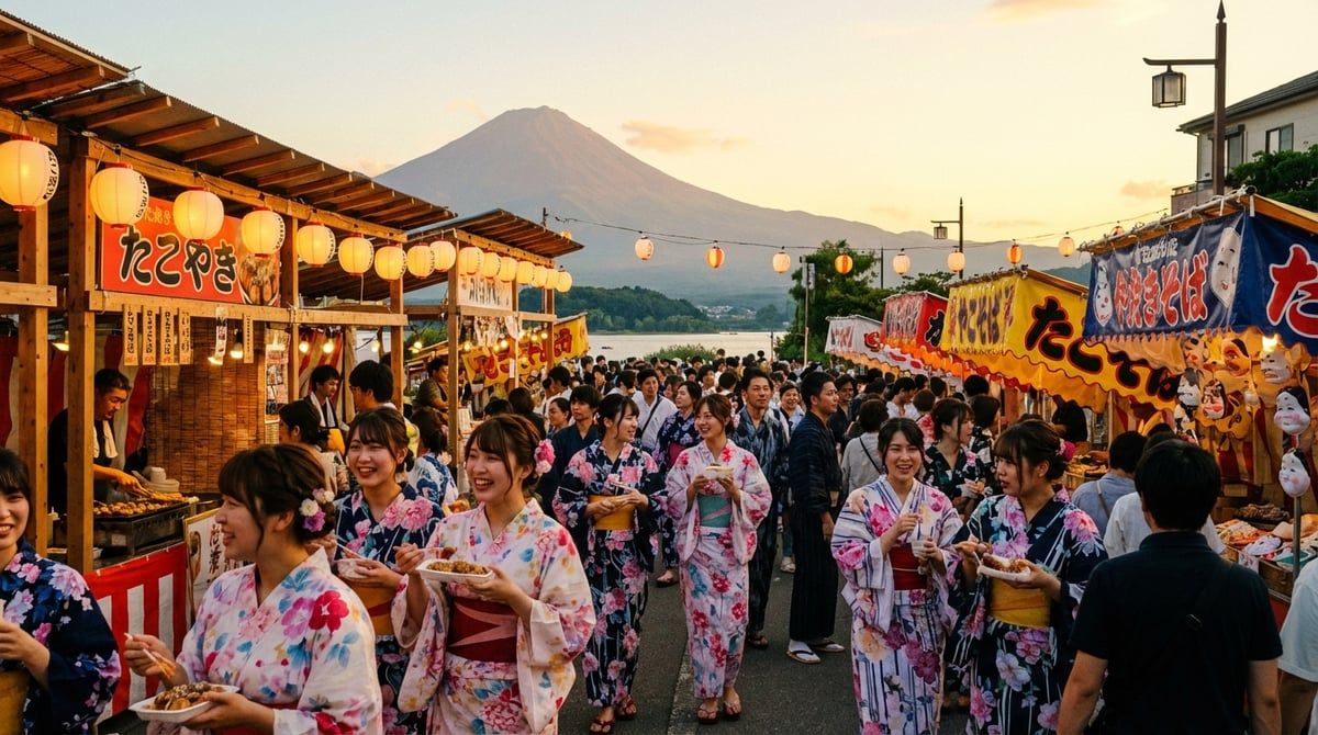 Japanese summer festival atmosphere in Kawaguchiko, Yamanashi, people in colorful yukata, festival stalls with lanterns, warm summer evening