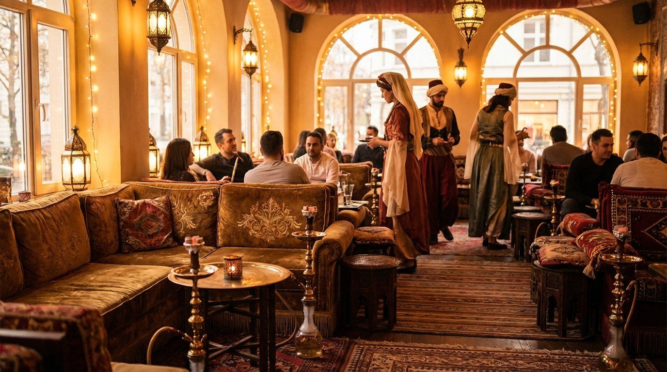 Nội thất phòng shisha với ánh sáng huyền ảo, ghế thoải mái, và nhiều bộ hookah, nhân viên mặc trang phục cosplay trong nền