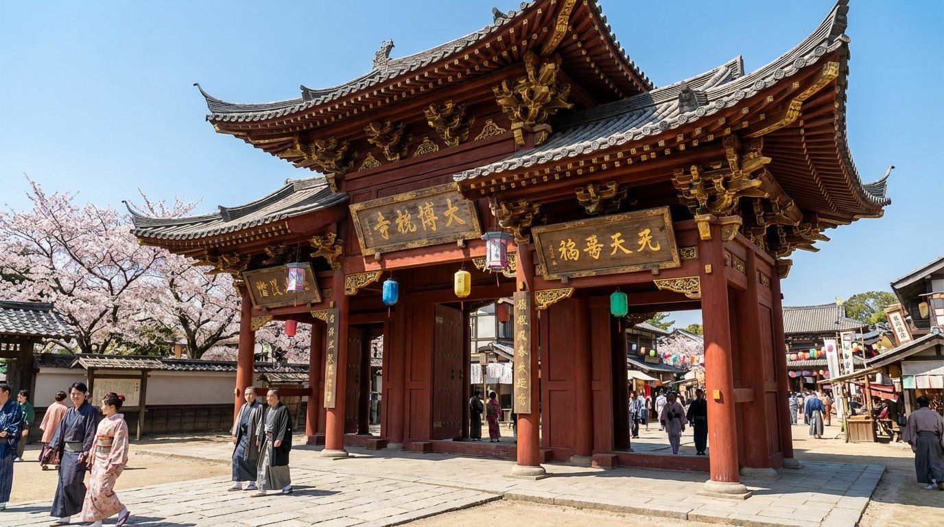 The elaborate Changan Gate (west gate) with traditional Chinese roof tiles, red pillars, and golden decorations against blue sky