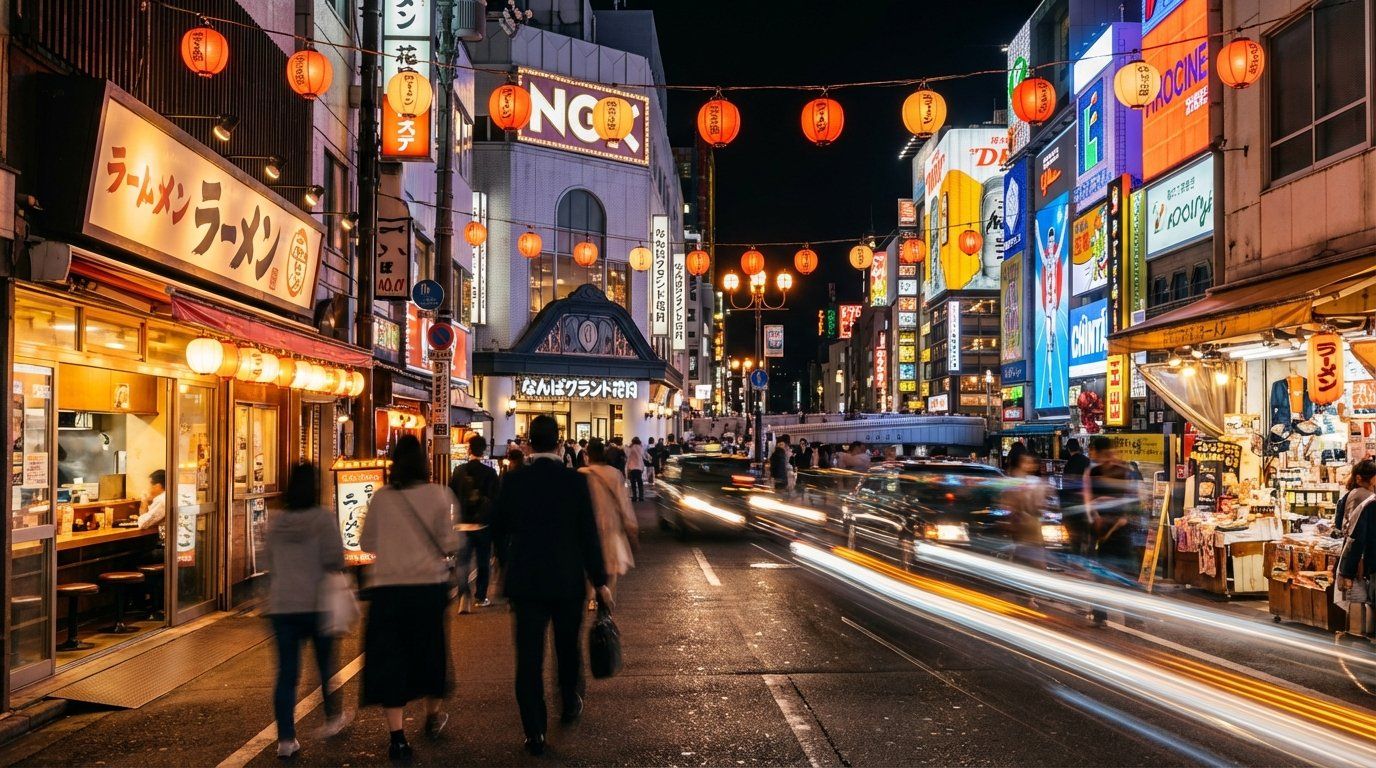 A vibrant evening street scene near NGK and Dotonbori — the theater's illuminated sign visible in the background, pedestrians walking along a lively street lined with restaurants and entertainment venues, warm golden light from shop fronts spilling onto the sidewalk, the urban energy of Namba at night