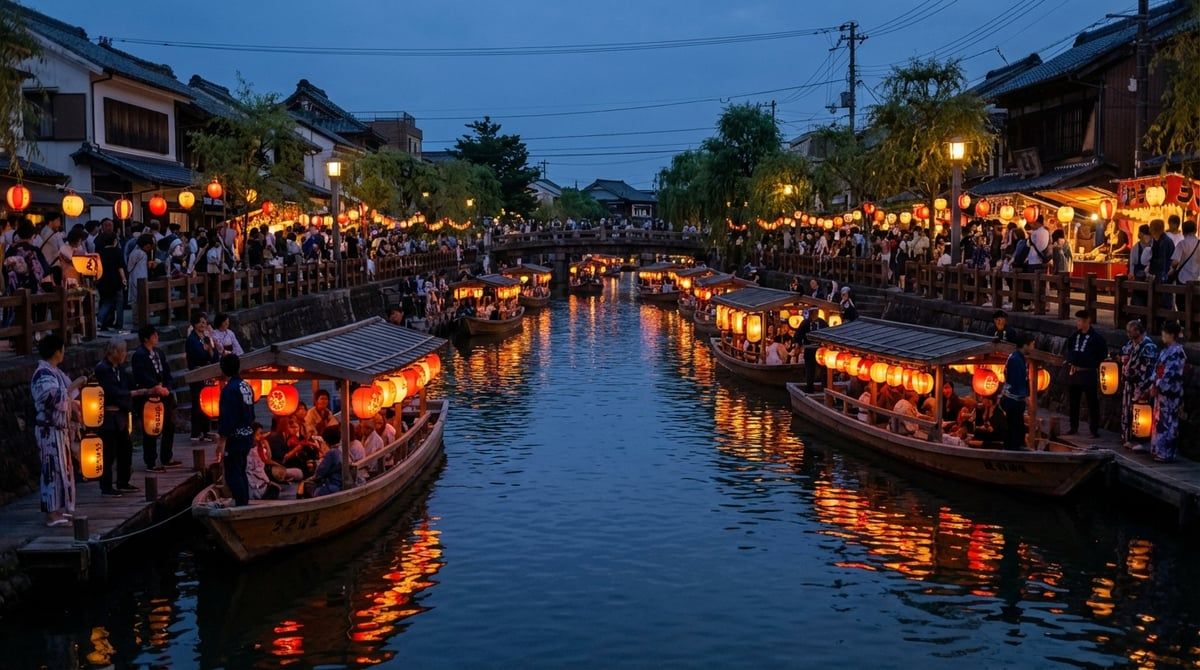 Water procession at Japanese festival along river in Japan, decorated boats with lanterns reflected on water, atmospheric evening scene
