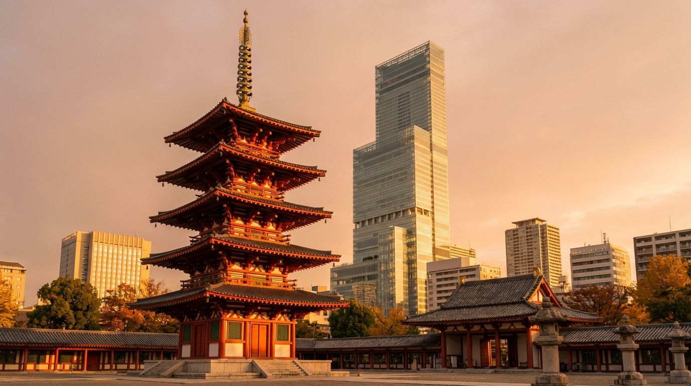 Late afternoon golden-hour shot showing the striking contrast of Shitennoji's vermillion pagoda in the foreground with the gleaming glass towers of modern Osaka rising behind it, Abeno Harukas visible in the background, warm light bathing the scene