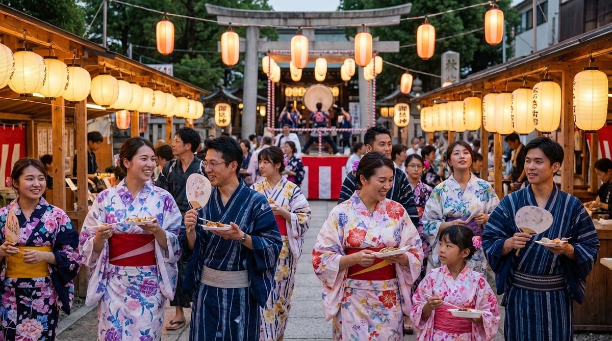 Visitors in yukata enjoying Japanese festival in Japan, friendly festival atmosphere, traditional lanterns, summer evening