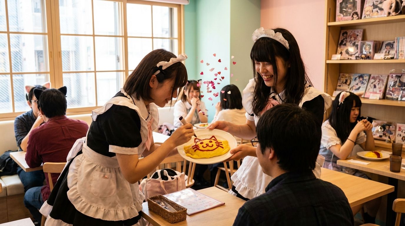 메이드 의상의 직원이 장식된 오므라이스를 극장형 연출로 서빙하는 메이드 카페 내부