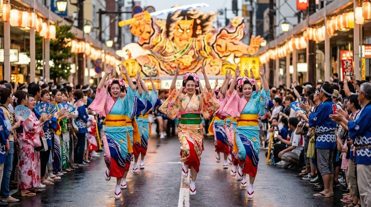 Dancers performing at Japanese festival in Aomori, traditional costumes with vivid colors, energetic movement, crowd cheering