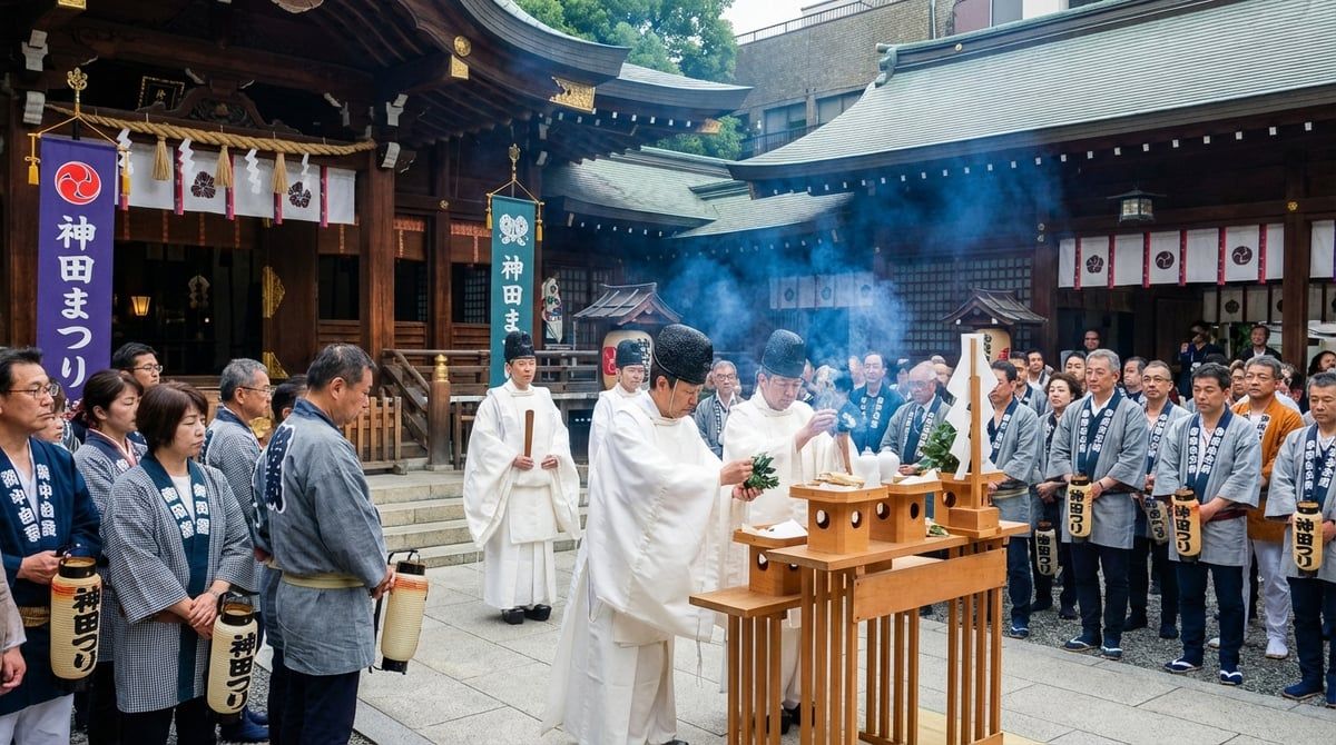 Shinto shrine ceremony during Kanda Matsuri at Tokyo (Chiyoda-ku), priests in white robes, sacred ritual, incense smoke, solemn atmosphere