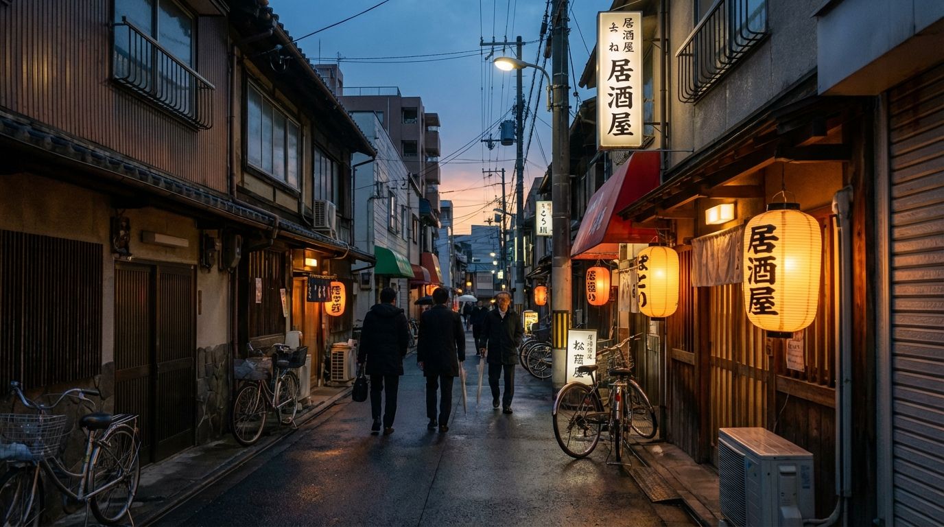 此花区黄昏时分的安静住宅街，小餐厅外的灯笼开始亮起，本地人下班走在回家的路上