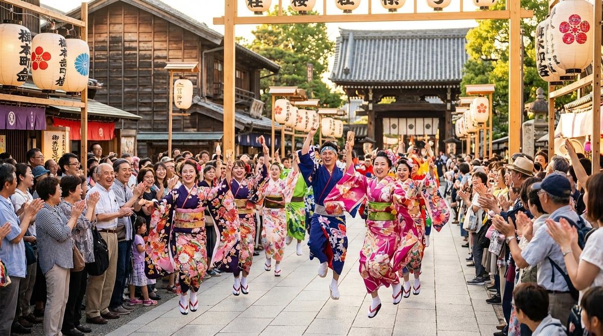 Dancers performing at Japanese festival in Japan, traditional costumes with vivid colors, energetic movement, crowd cheering