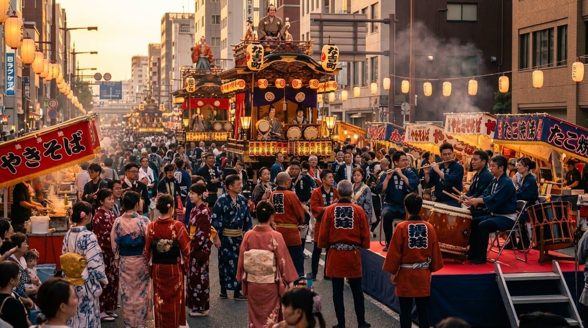 Beautiful scene from Nagoya Festival in Nagoya, traditional Japanese festival atmosphere, warm lighting, vibrant colors
