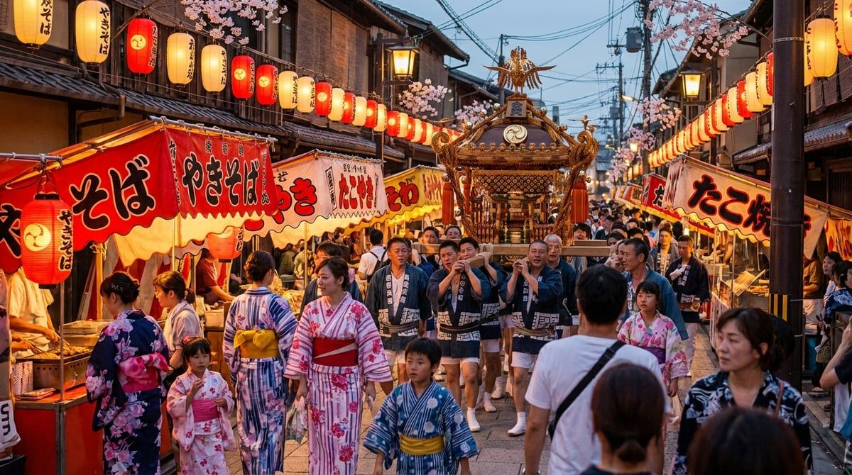 Beautiful scene from Japanese festival in Japan, traditional Japanese festival atmosphere, warm lighting, vibrant colors