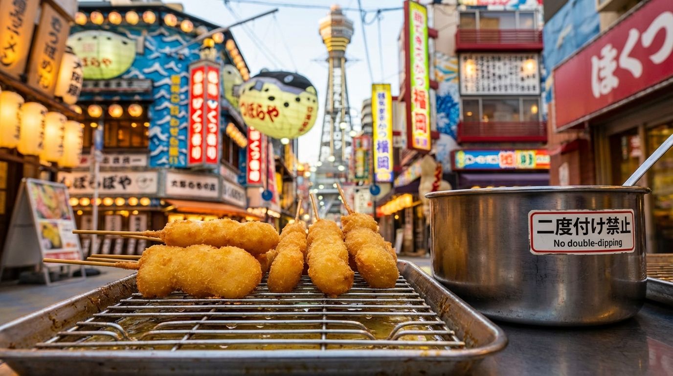 Close-up of golden kushikatsu skewers arranged on a metal rack, communal sauce pot visible, with the blurred neon glow of Shinsekai in the background