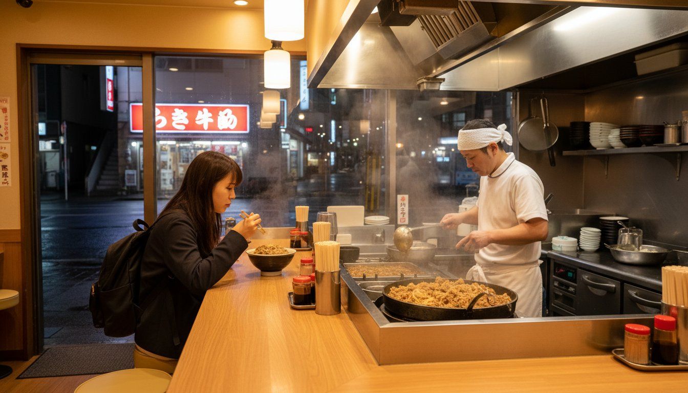 Interior of a brightly lit 24-hour gyudon restaurant at 2am — a solo diner eating a steaming beef bowl at the counter, the kitchen visible behind the pass with a cook ladling simmered beef and onions, the warm glow of the restaurant contrasting with the dark street outside the window