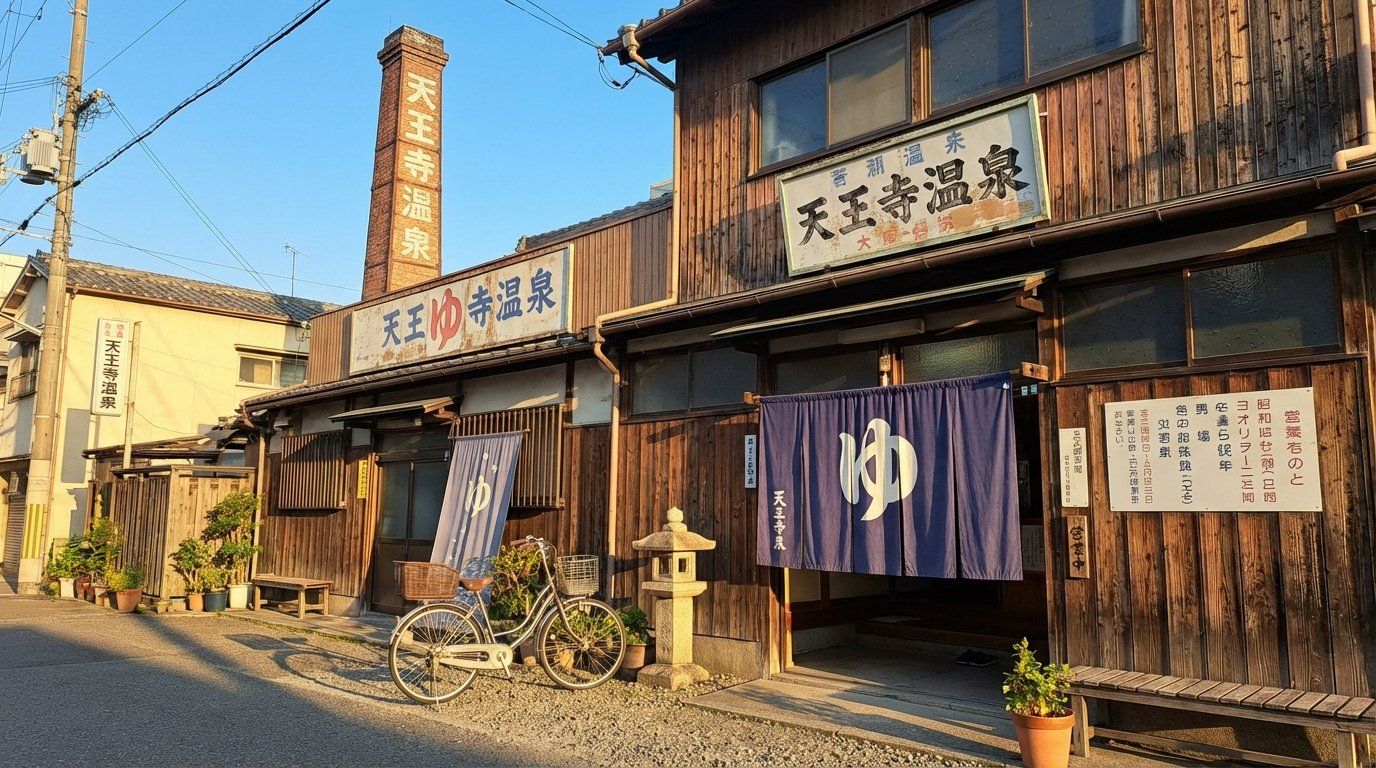 The exterior of a traditional neighborhood sento (public bath) in Tennoji with its distinctive tall chimney, retro signage, and noren curtain entrance, morning light creating long shadows, a bicycle parked outside