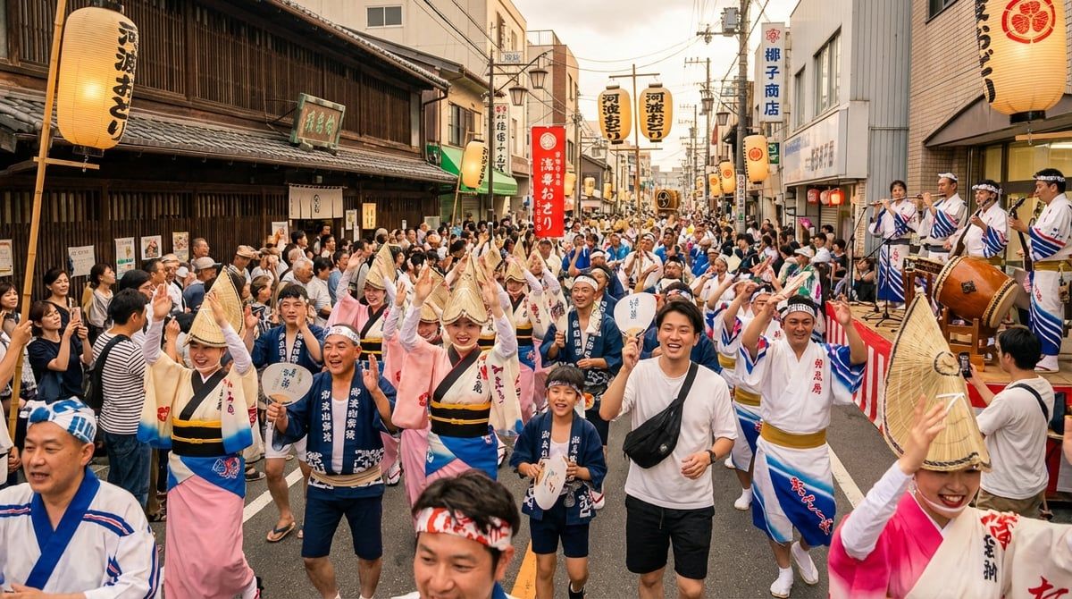 Vibrant crowd enjoying Awa Odori in Tokushima City, happy faces, traditional and modern mix, festival energy, colorful scene