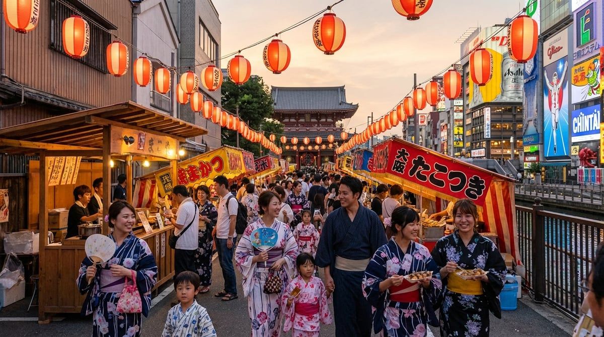 Visitors in yukata enjoying Japanese festival in Osaka, friendly festival atmosphere, traditional lanterns, summer evening